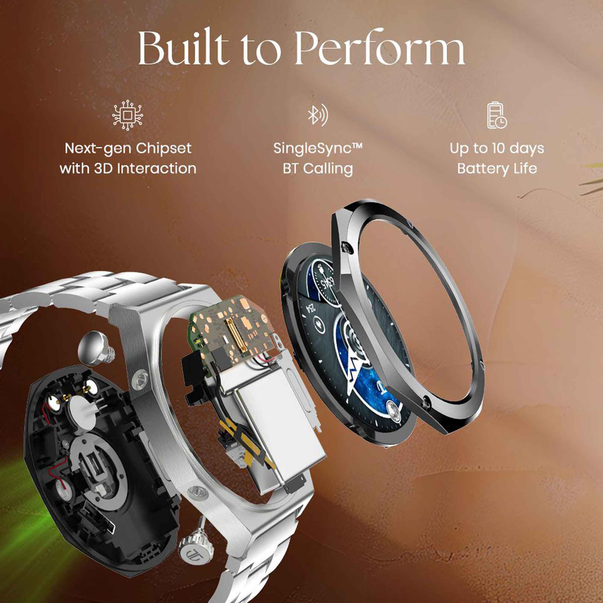 Exploded view of Titan Maestro smartwatch, highlighting chipset, BT calling, and long battery life.