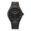 Titan Contour black analog watch for men with a black dial, small seconds sub-dial, & leather strap.