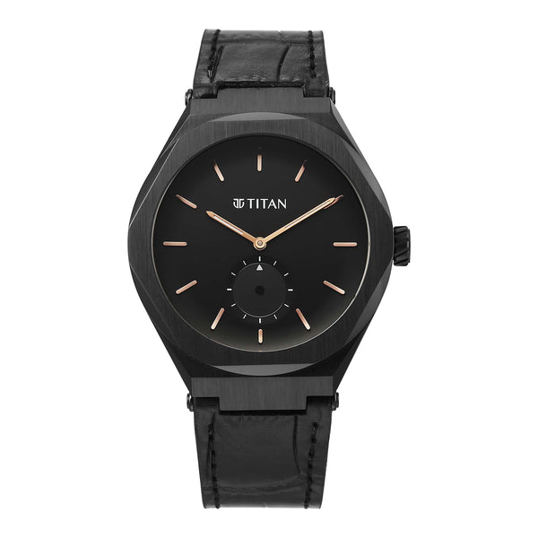 Titan Contour black analog watch for men with a black dial, small seconds sub-dial, & leather strap.