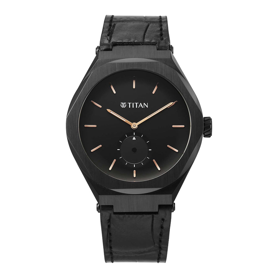 Titan Contour black analog watch for men with a black dial, small seconds sub-dial, & leather strap.