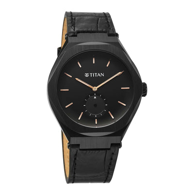 Titan Black men's analog watch with black dial, small seconds sub-dial, and black leather strap.