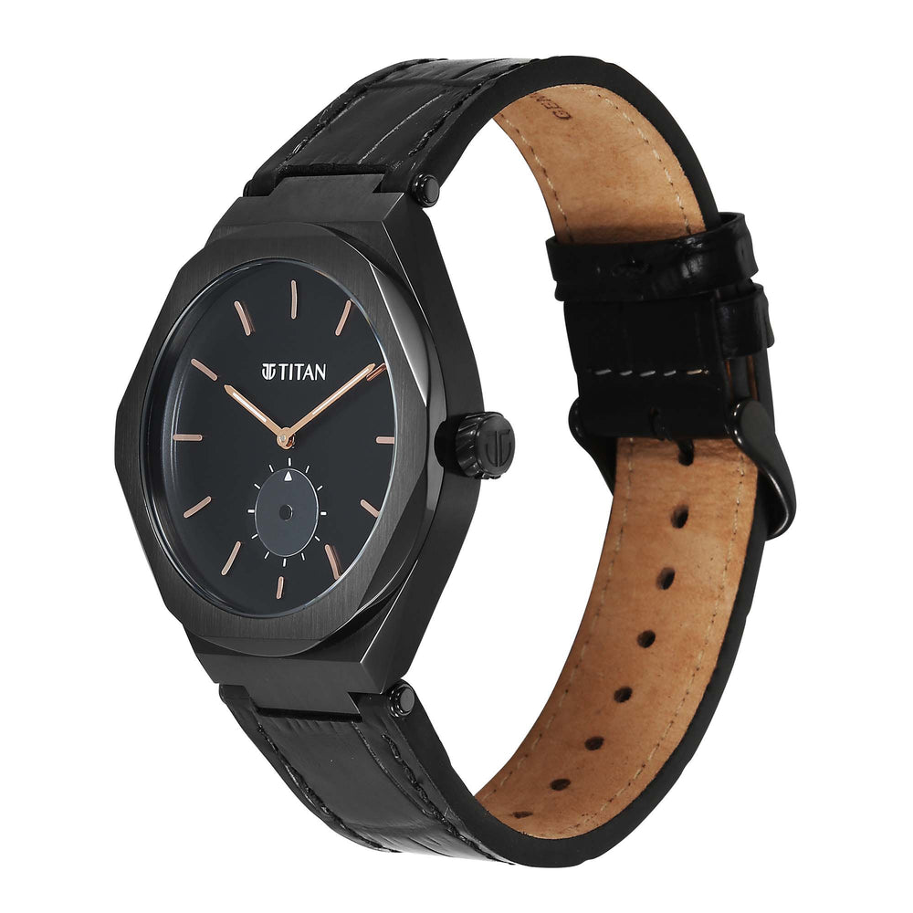 Titan Contour Analog with Small Second and Black Dial Black Leather Strap Watch for Men