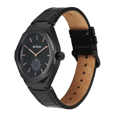 Polygonal black Titan Contour Analog watch for men with rose gold hands and a black leather strap.
