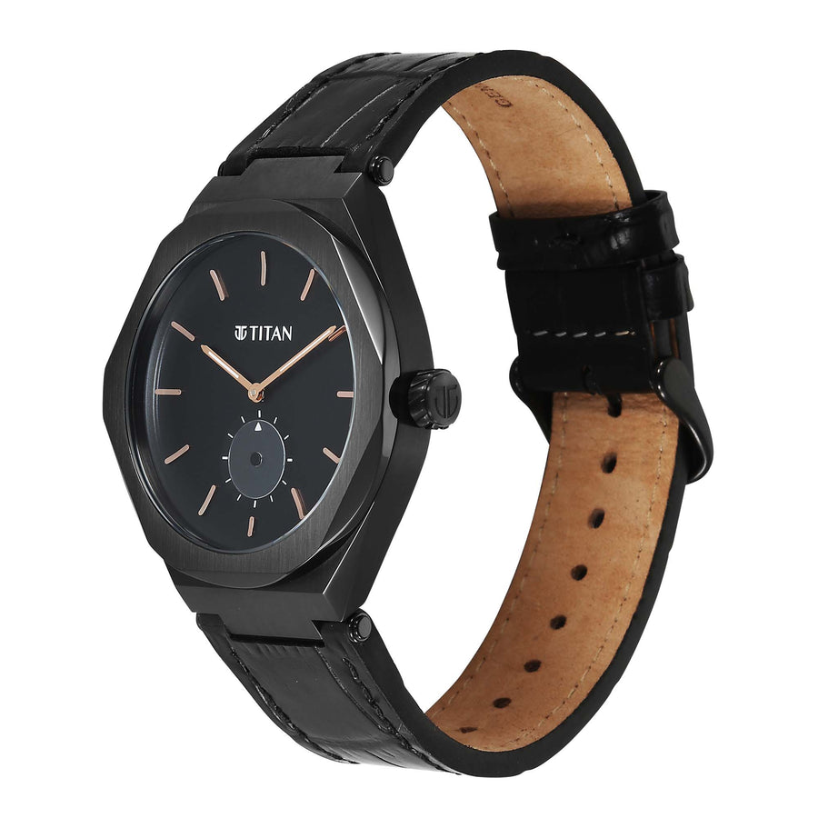 Polygonal black Titan Contour Analog watch for men with rose gold hands and a black leather strap.