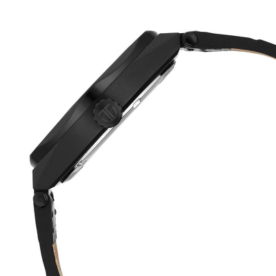 Side view of black watch with black leather strap curled, showing the tan lining and crown detail.