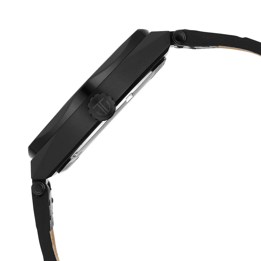 Side view of black watch with black leather strap curled, showing the tan lining and crown detail.