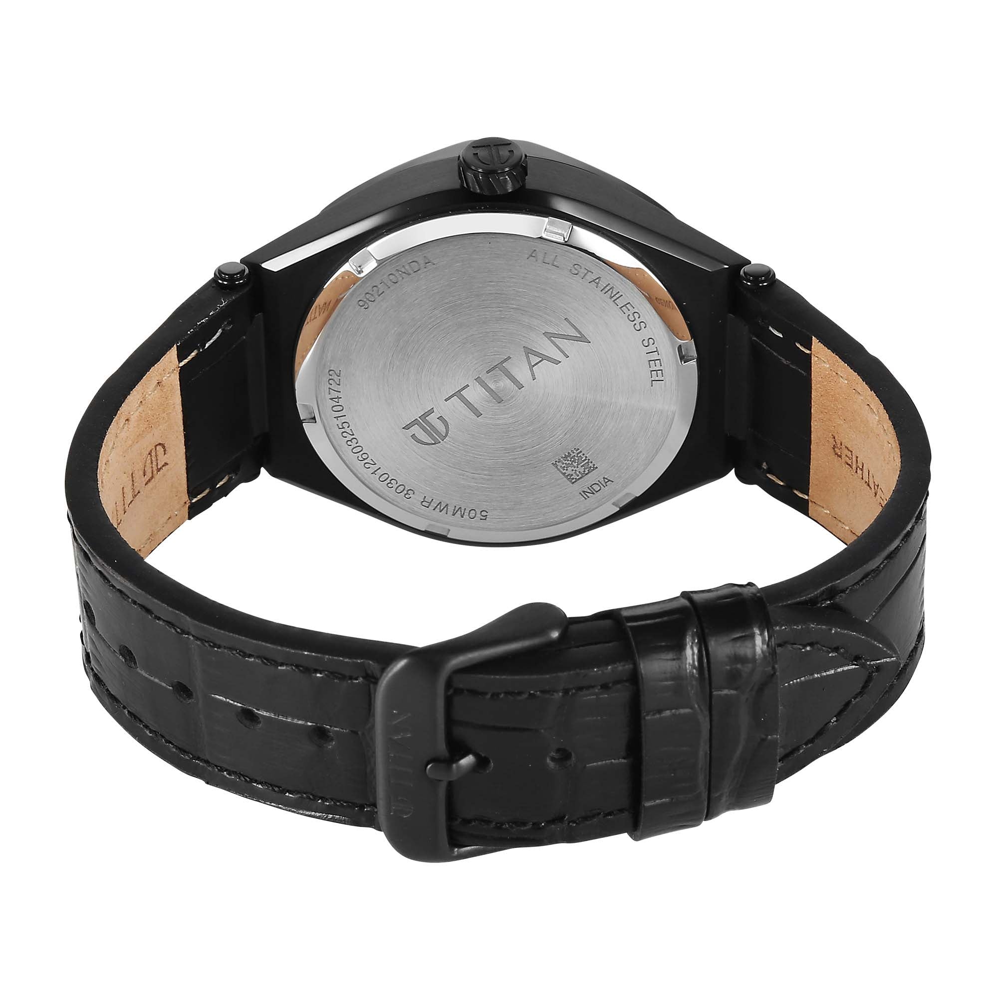 Back view of the black Titan Analog watch for men showing the caseback and black leather strap.