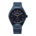 Titan Contour Analog watch for men, with a blue main dial, small seconds dial, & a blue steel strap.