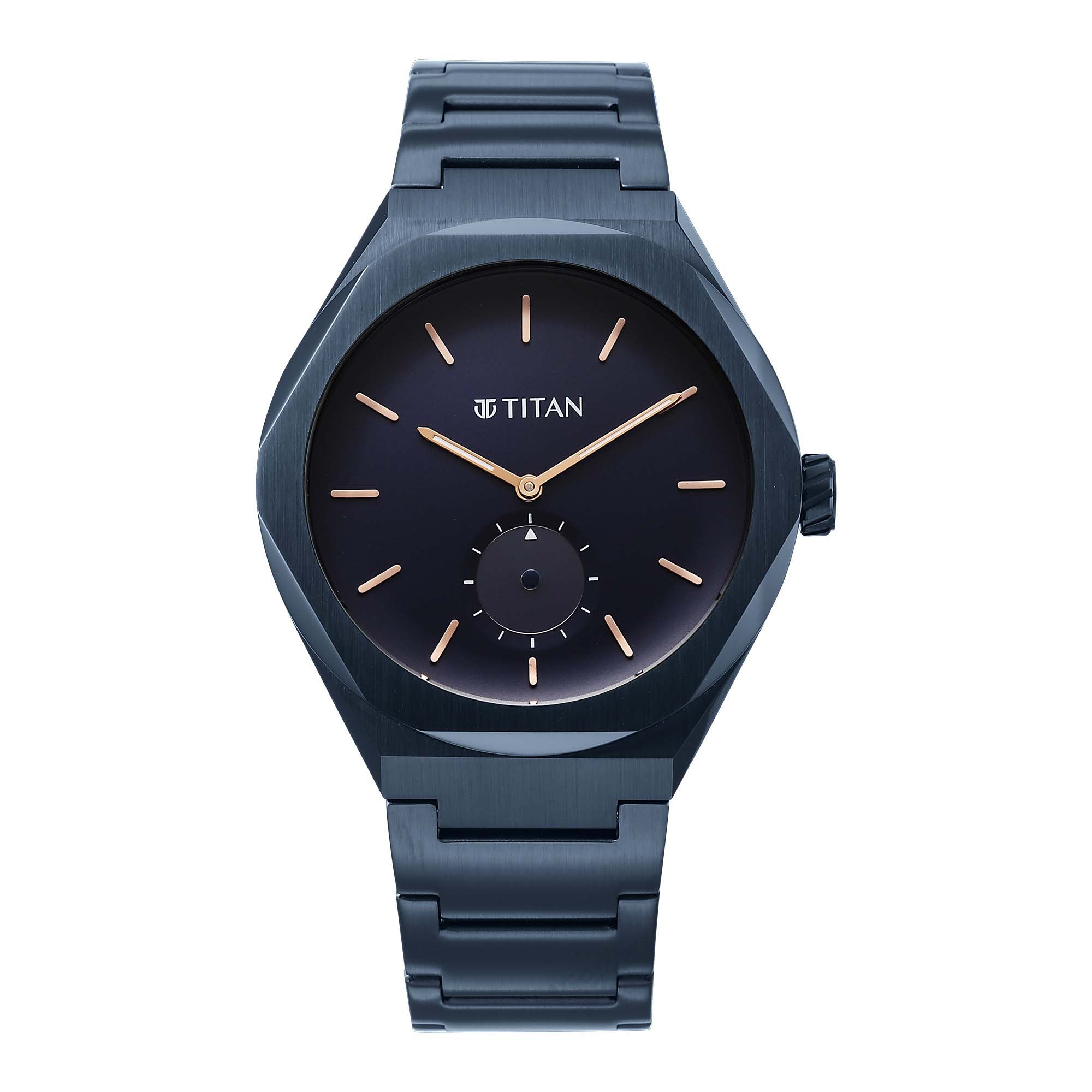 Titan Contour Analog watch for men, with a blue main dial, small seconds dial, & a blue steel strap.