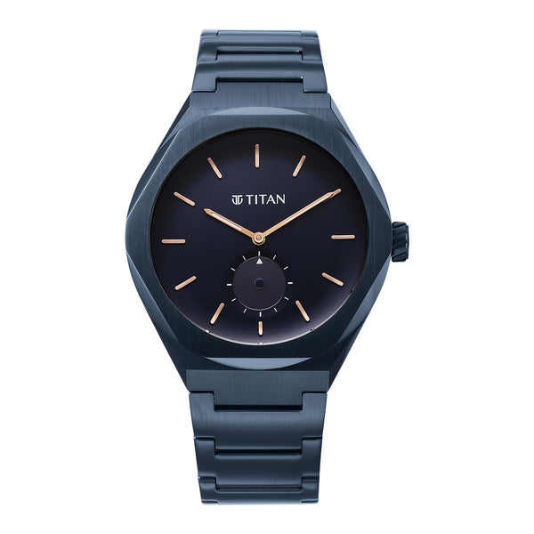 Titan Contour Analog watch for men, with a blue main dial, small seconds dial, & a blue steel strap.