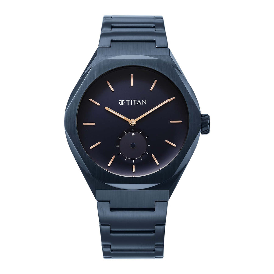 Titan Contour Analog watch for men, with a blue main dial, small seconds dial, & a blue steel strap.