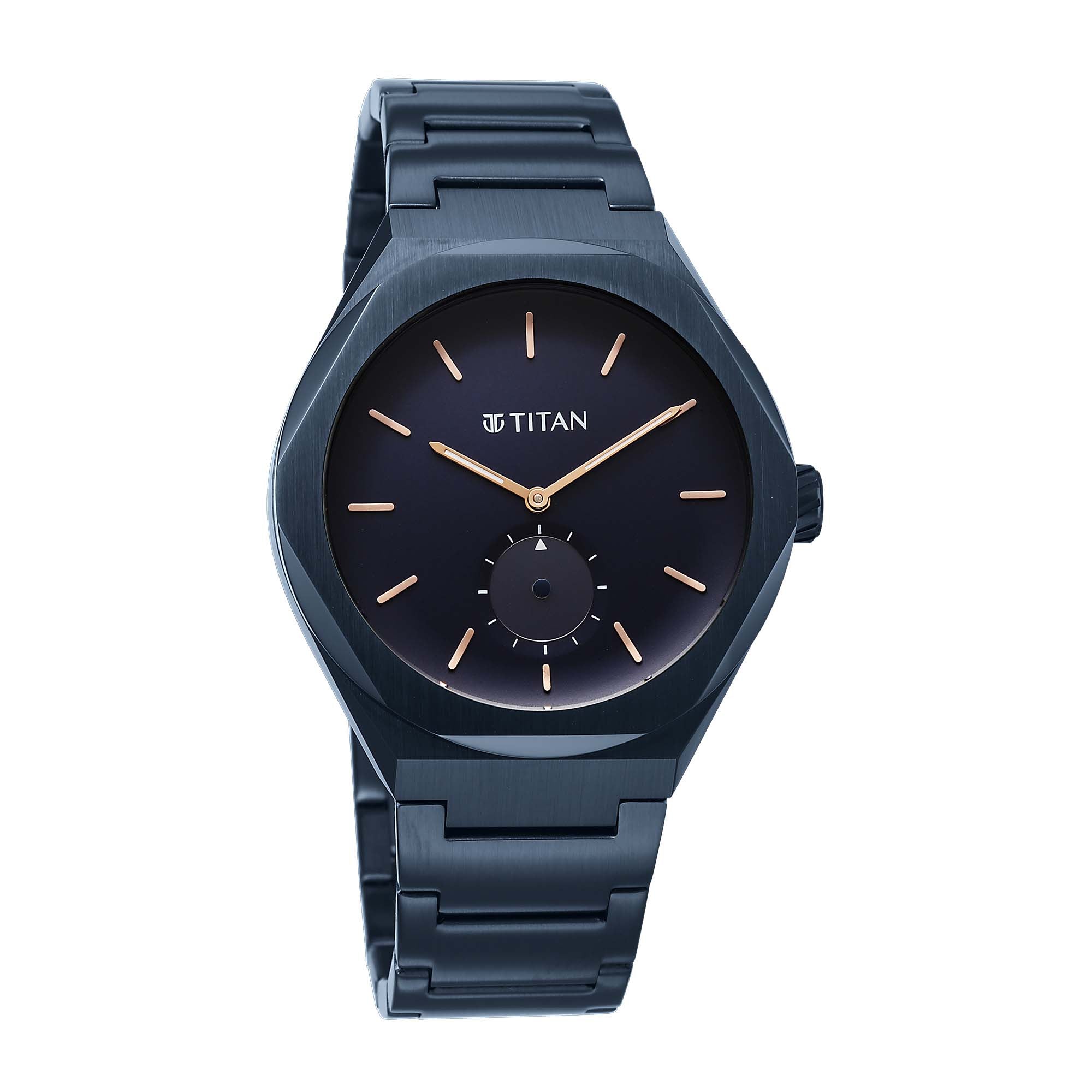 Front view of Blue PVD Titan Contour men's analog watch with rose gold indices & blue steel strap.