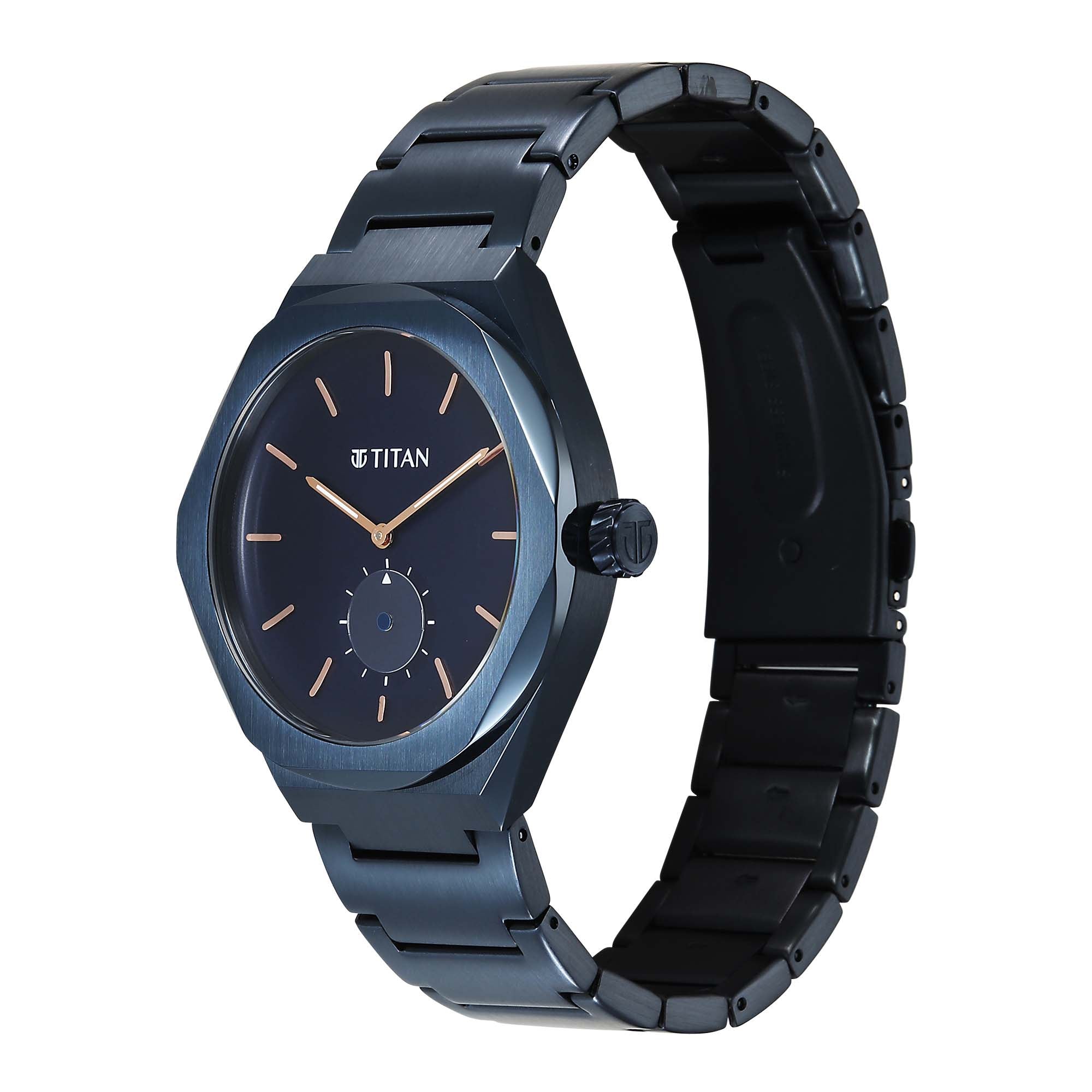 Dark blue PVD men's analog watch featuring a blue dial and contrasting rose gold hands and indices.
