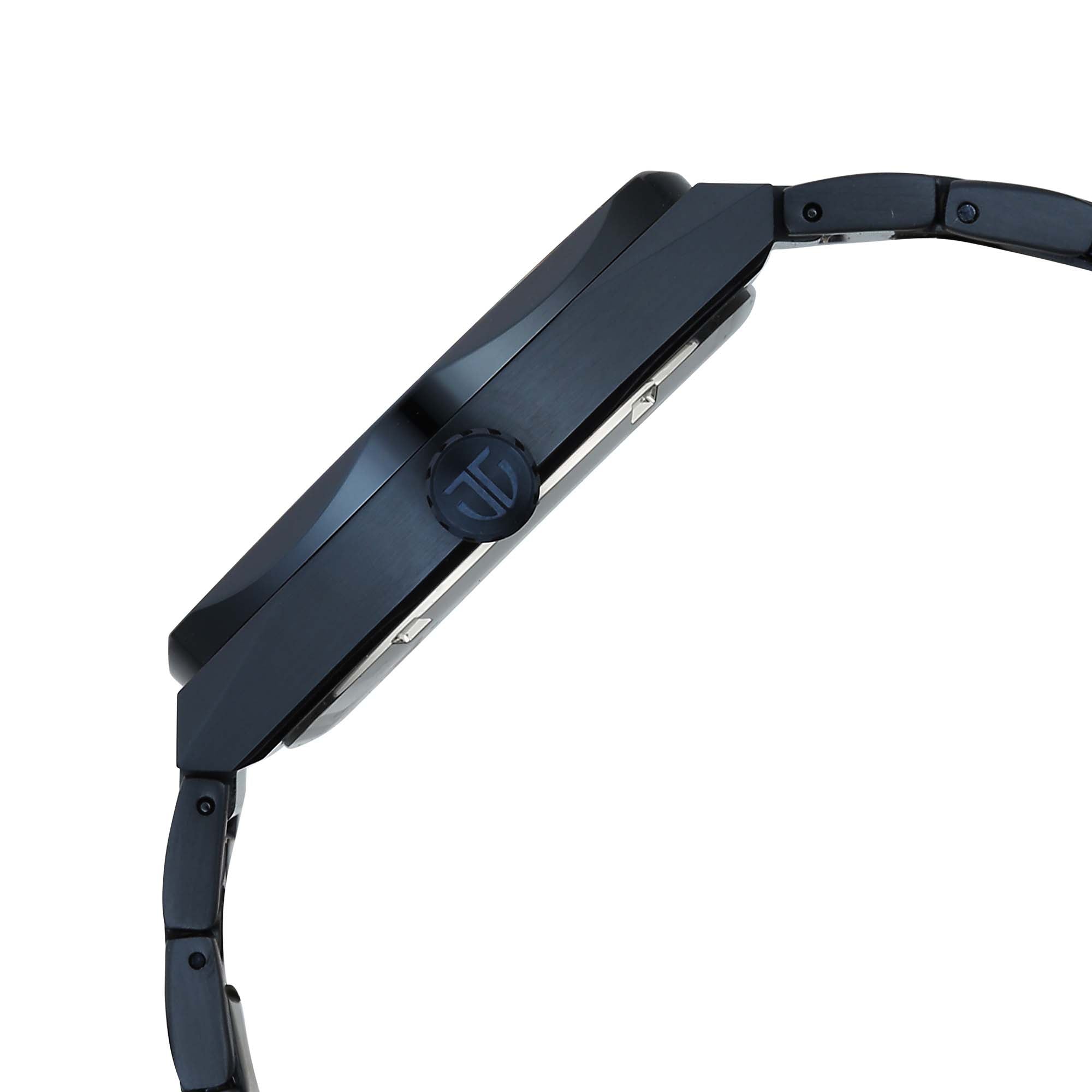 Polygonal blue men's analog watch showing side profile and the signed crown with a blue steel strap.