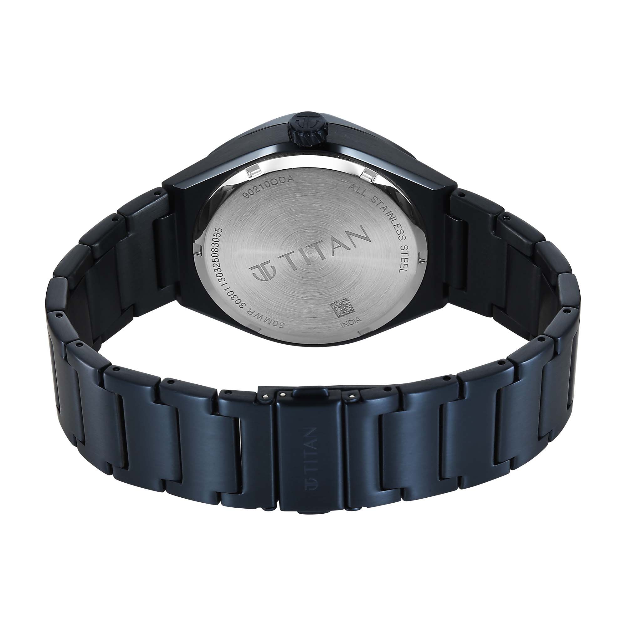 Dark blue Titan Contour men's analog watch back profile showing the thin, angular case and crown.
