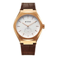 Titan Contour gold-tone men's analog watch with a white dial, small seconds, & brown leather strap.