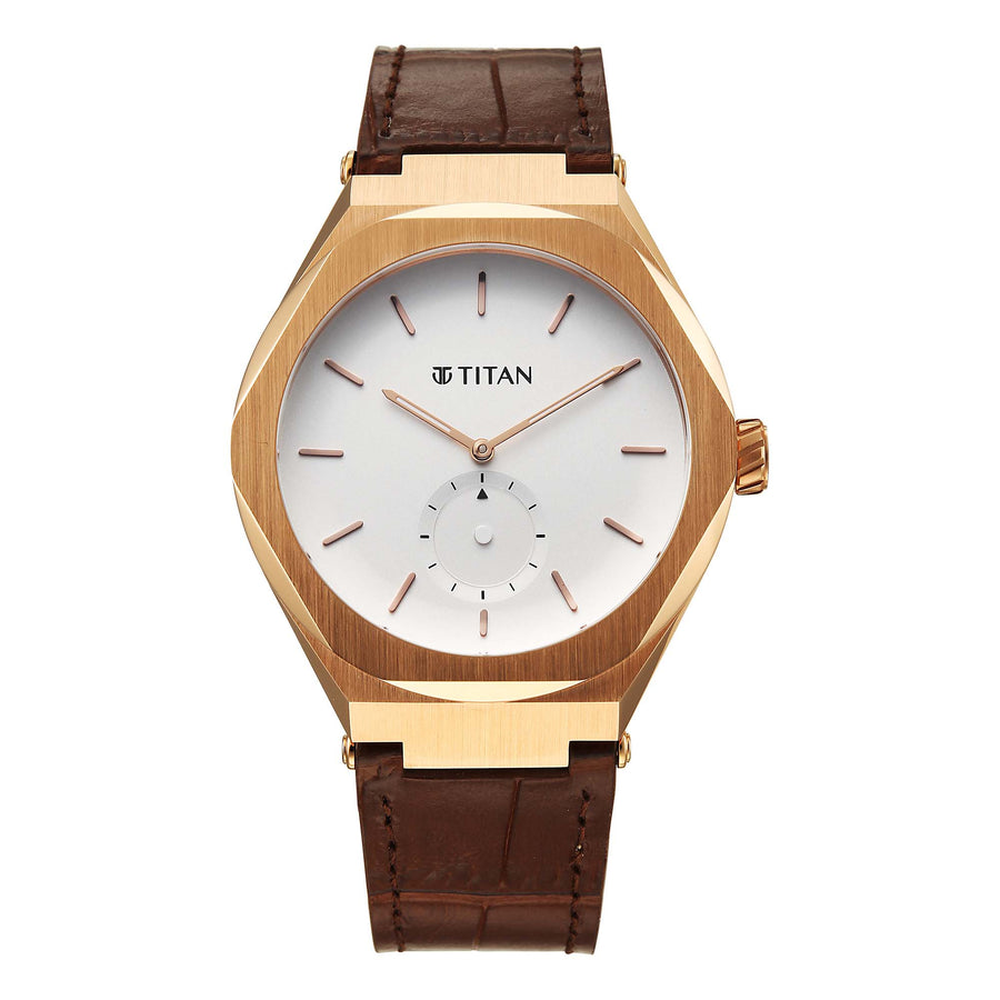 Titan Contour gold-tone men's analog watch with a white dial, small seconds, & brown leather strap.