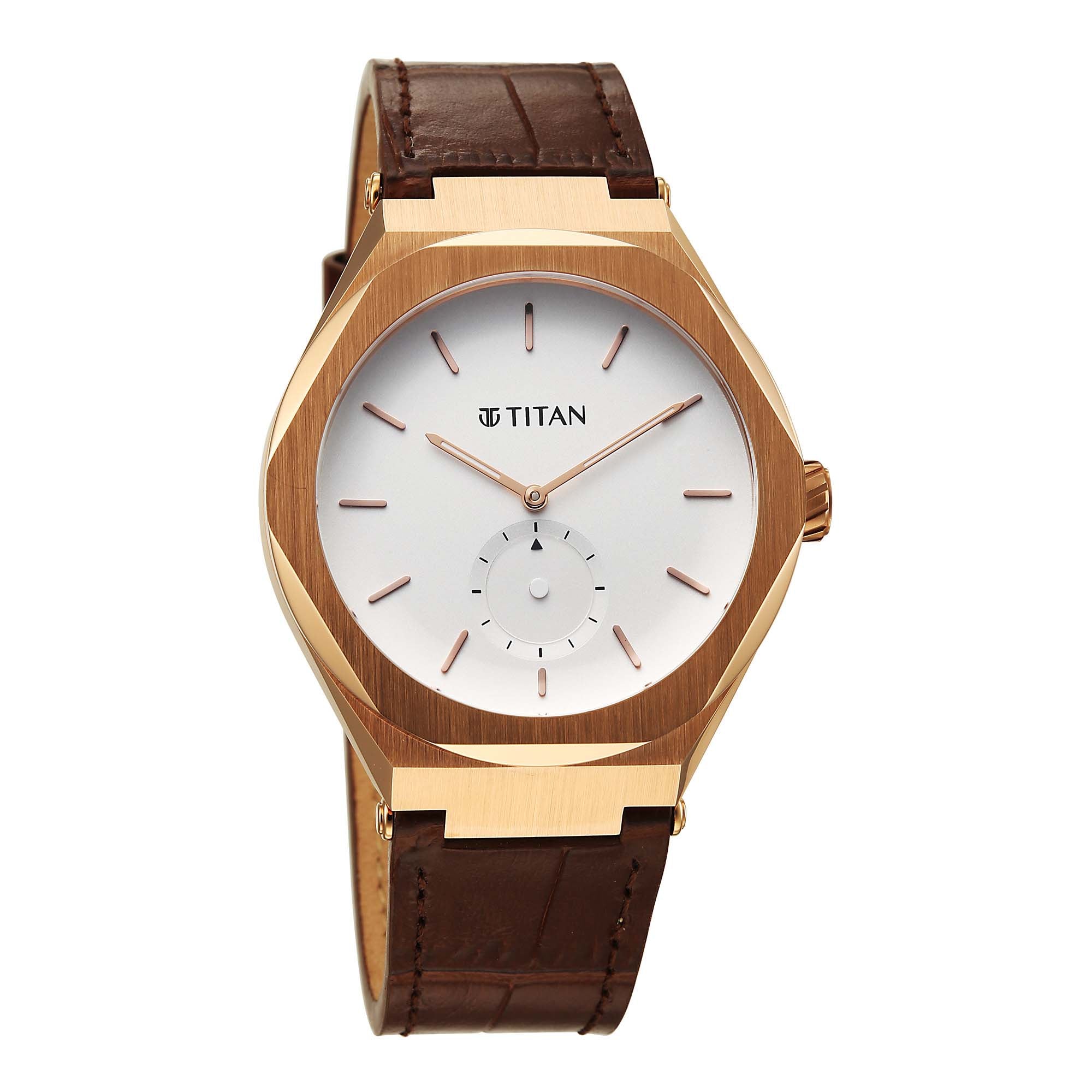 Polygonal Gold-tone Titan Contour men's analog watch with a white dial and brown leather strap.
