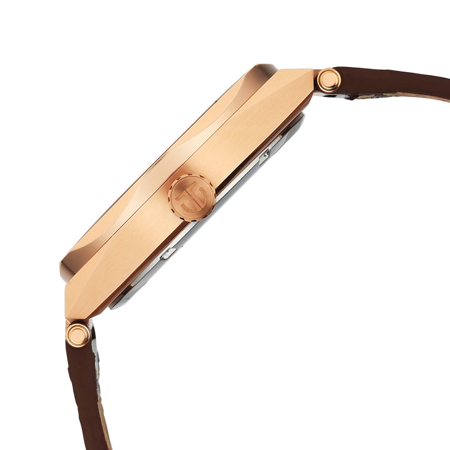 White dial of the gold-tone Contour watch featuring rose gold indices with a brown leather strap.