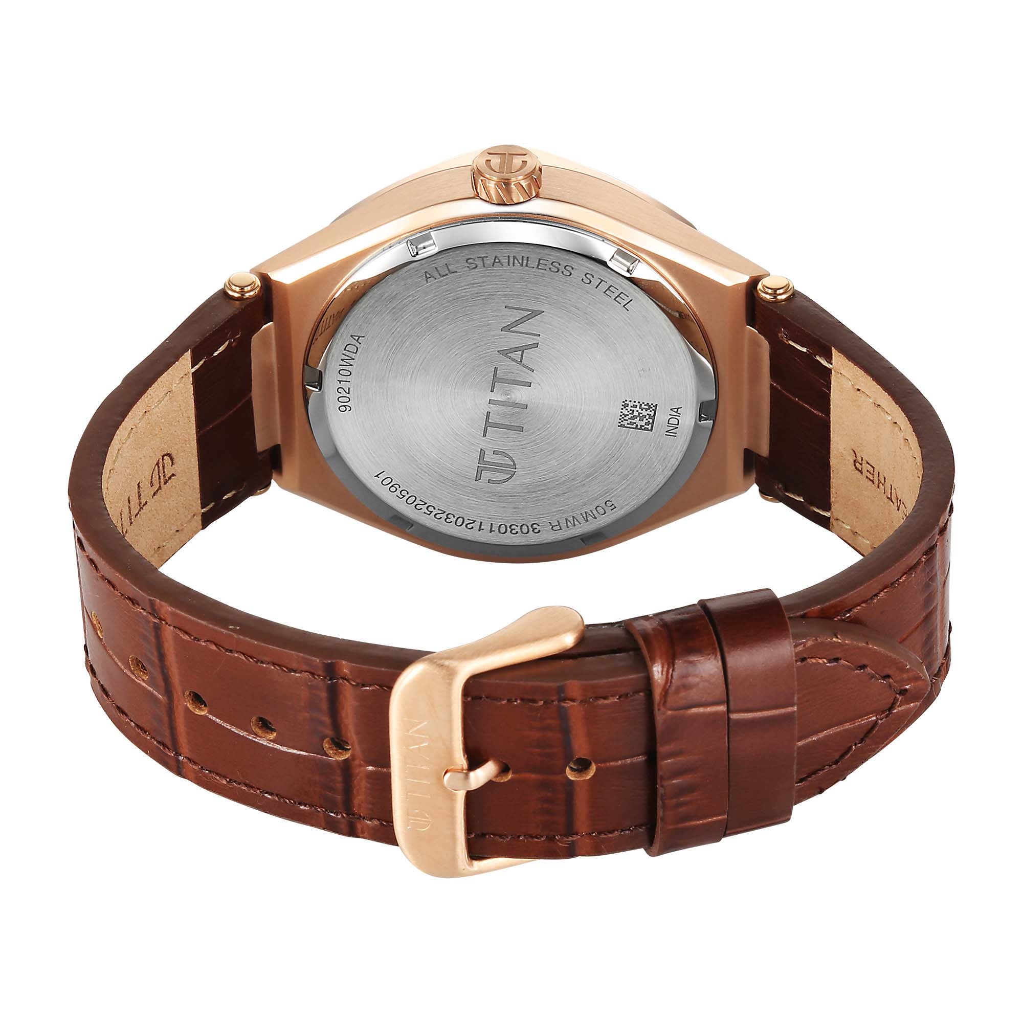 Back view of the Titan Contour Gold-tone Men's Analog watch showing the caseback and leather strap.