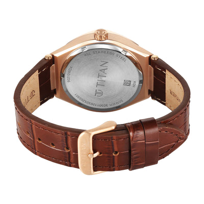 Back view of the Titan Contour Gold-tone Men's Analog watch showing the caseback and leather strap.