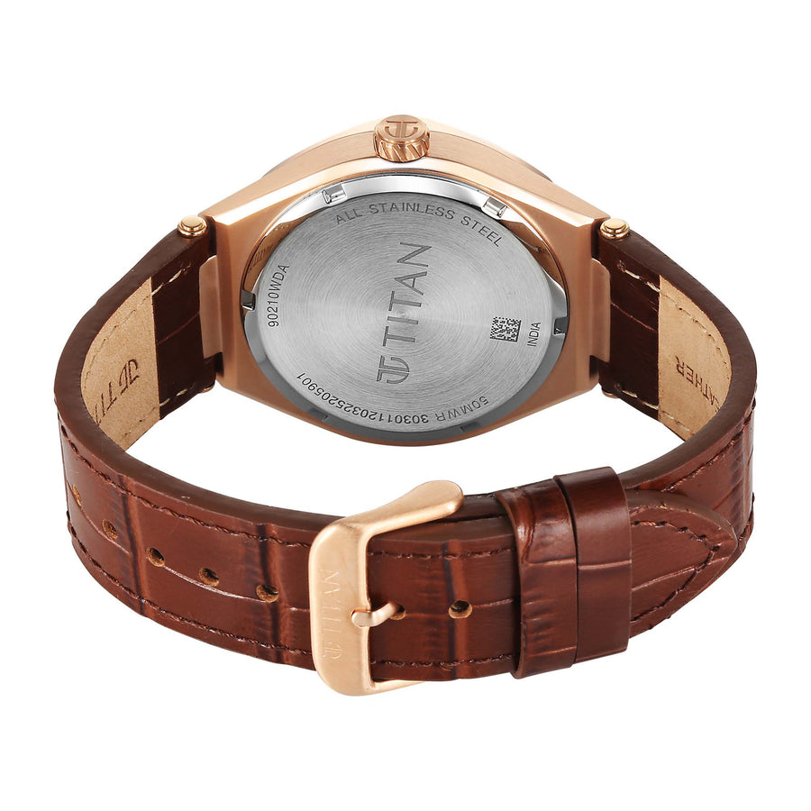 Back view of the Titan Contour Gold-tone Men's Analog watch showing the caseback and leather strap.