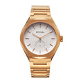 Titan Contour men's analog watch in rose gold with a white dial, small sub-dial, and steel strap.