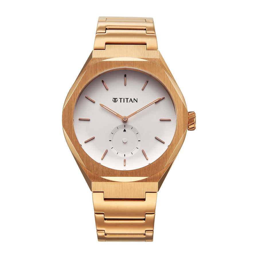 Titan Contour men's analog watch in rose gold with a white dial, small sub-dial, and steel strap.