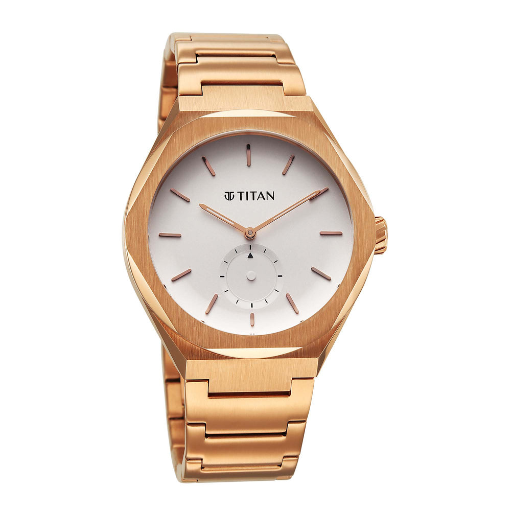 Titan Contour Analog with Small Second and White Dial Rose Gold Stainless Steel Strap Watch for Men