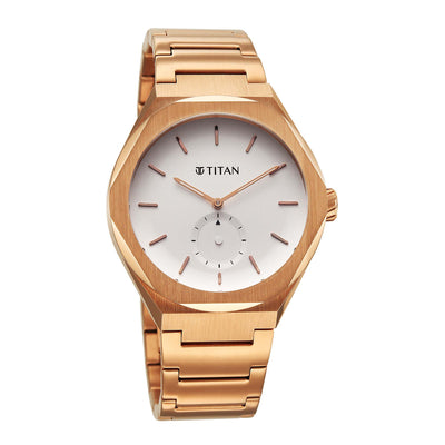 Rose gold men's Titan Contour analog watch with a white dial, small seconds sub-dial, & steel strap.
