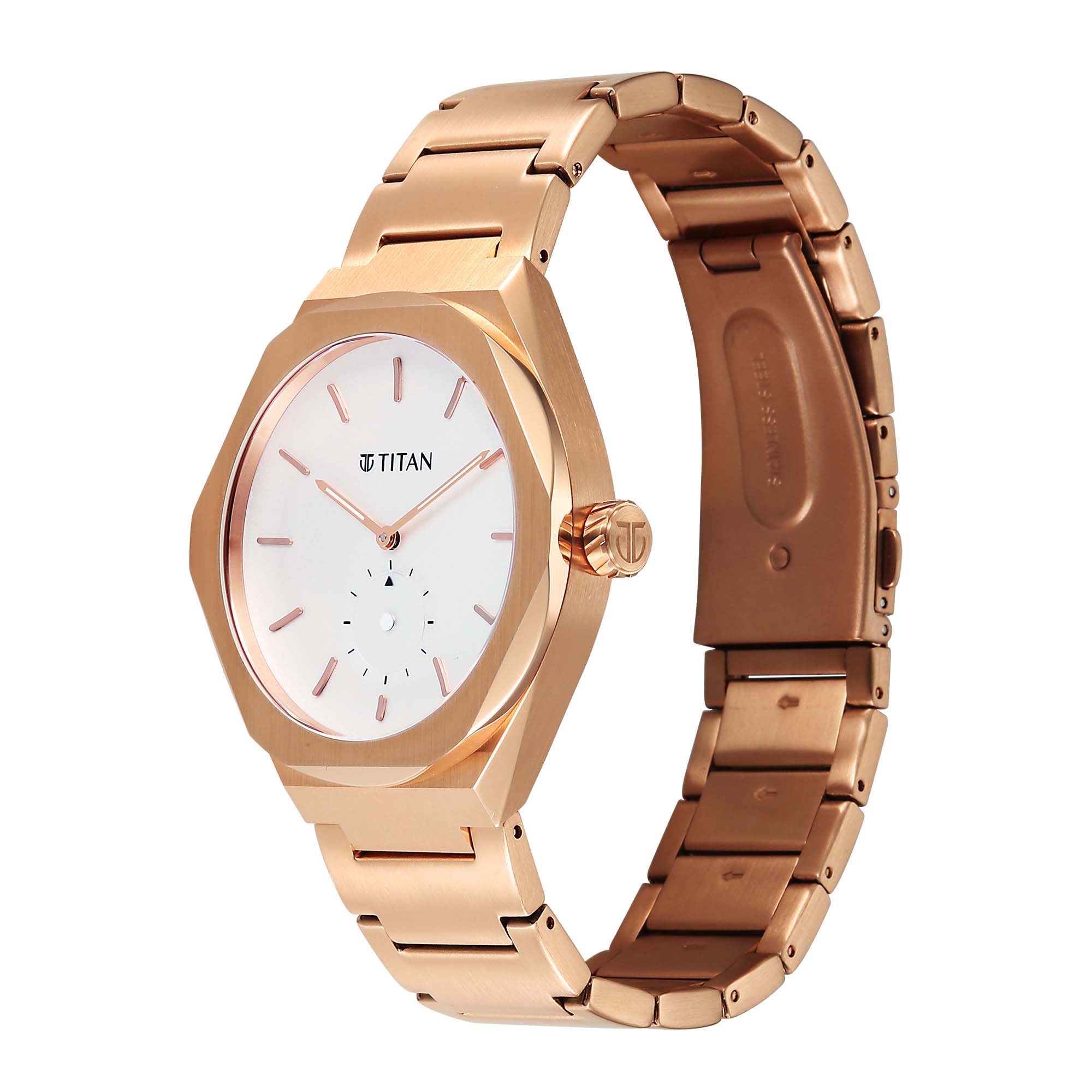 Side view of Titan Contour men's analog watch with white dial, small seconds sub-dial & steel strap.