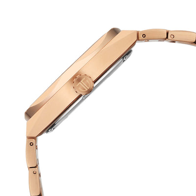 Three-quarter view of polygonal rose gold Titan Contour analog men's watch & stainless steel strap.