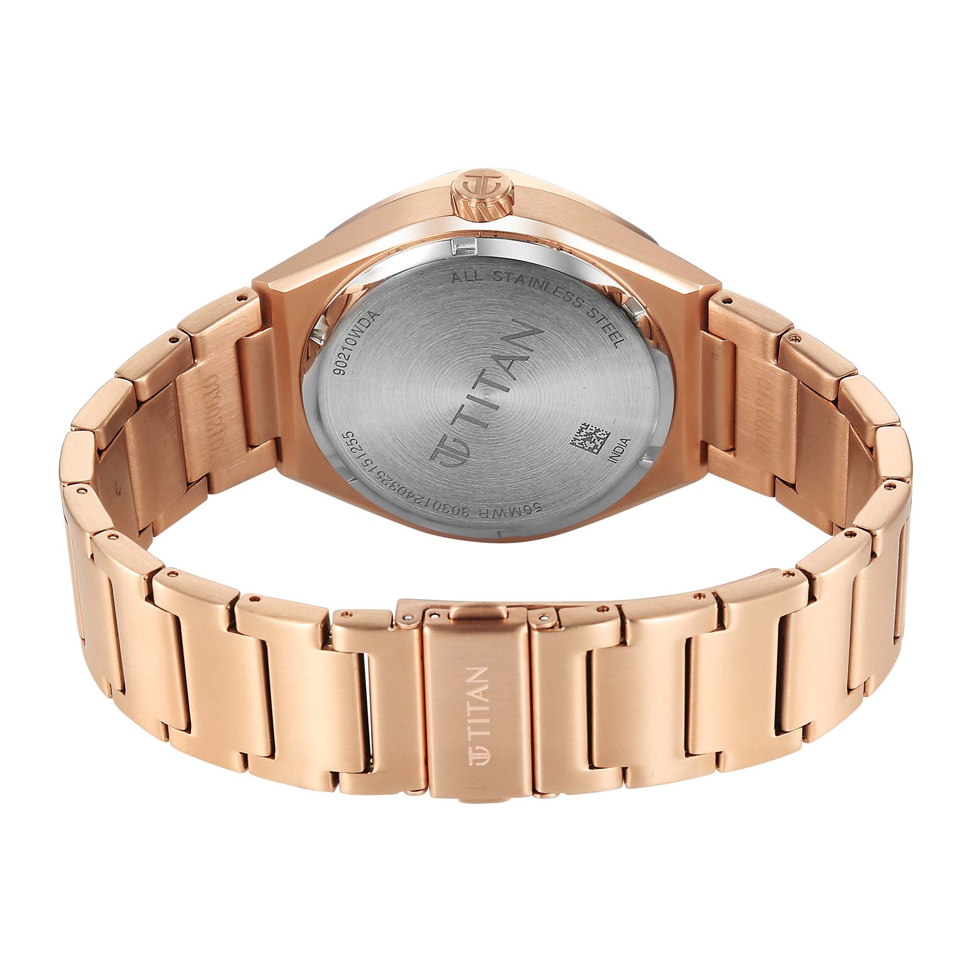 Rear view of the Polygonal rose gold Titan Contour men's analog watch & the Titan logo on the crown.