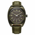 Front view of Titan tonneau analog watch for men with date and green dial & matching leather strap.