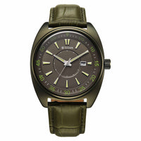 Front view of Titan tonneau analog watch for men with date and green dial & matching leather strap.