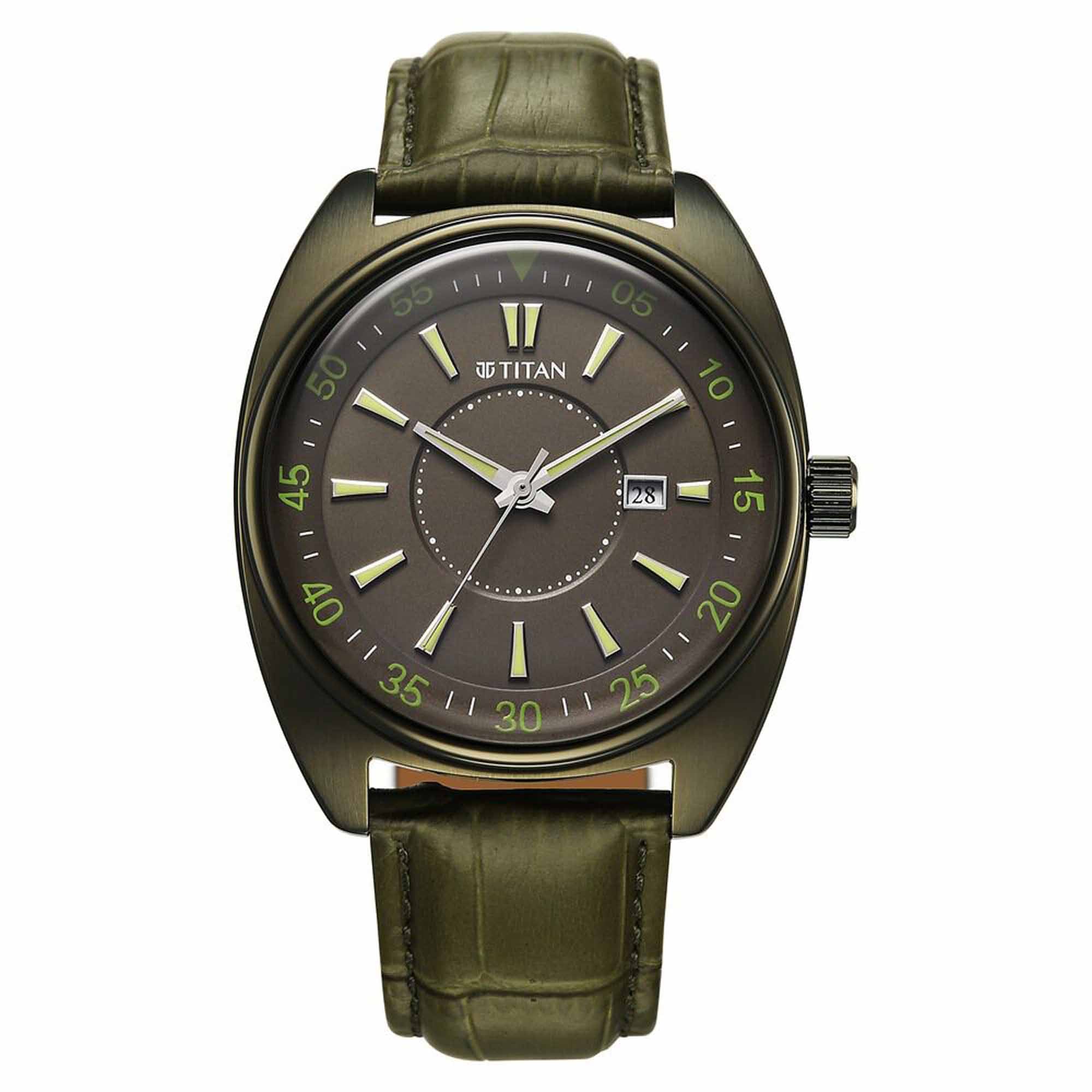 Front view of Titan tonneau analog watch for men with date and green dial & matching leather strap.
