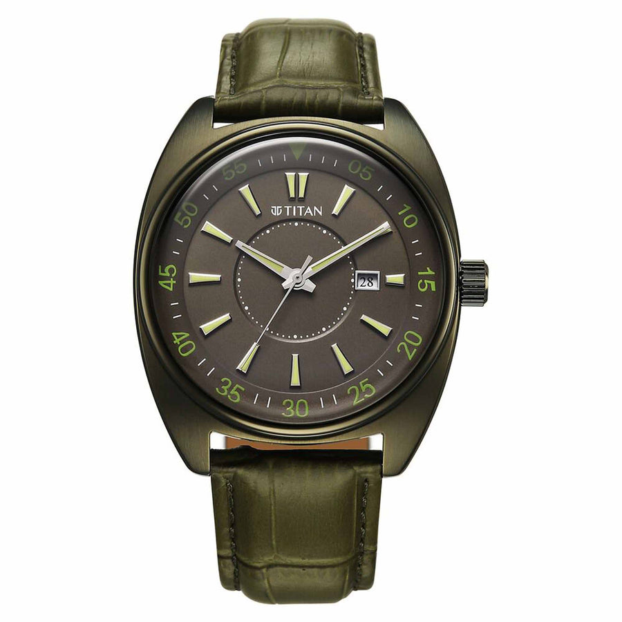 Front view of Titan tonneau analog watch for men with date and green dial & matching leather strap.