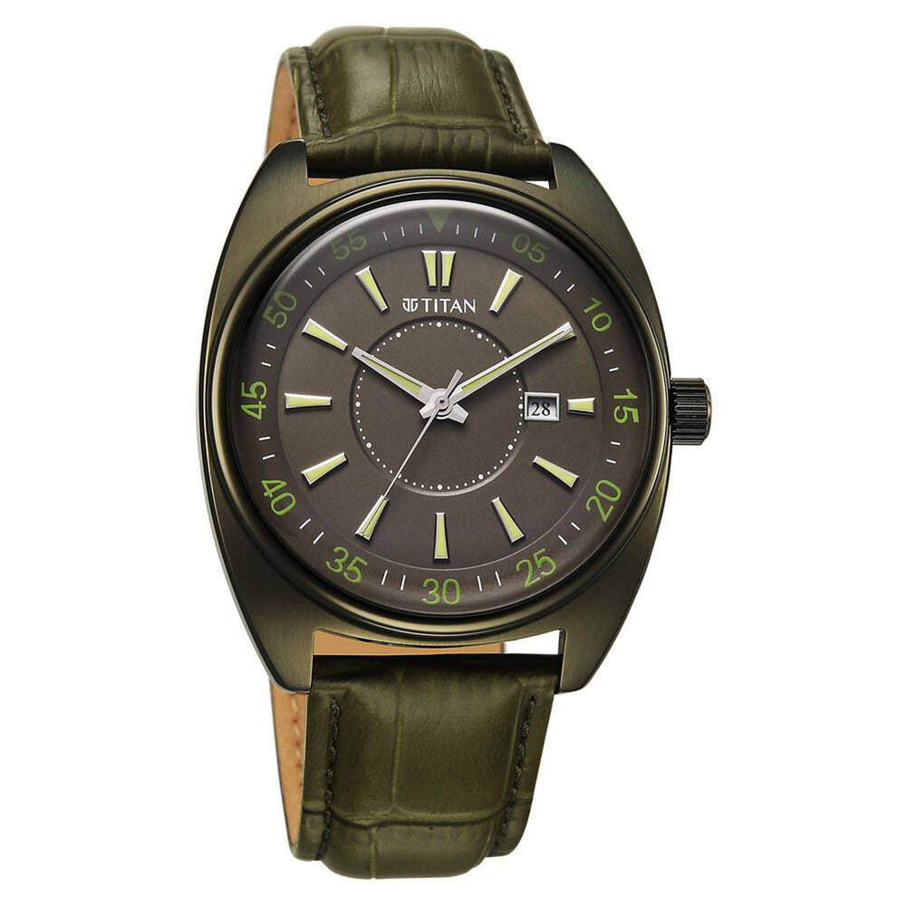 Olive-toned Titan tonneau analog watch for men showing a green dial, date, & textured leather strap.