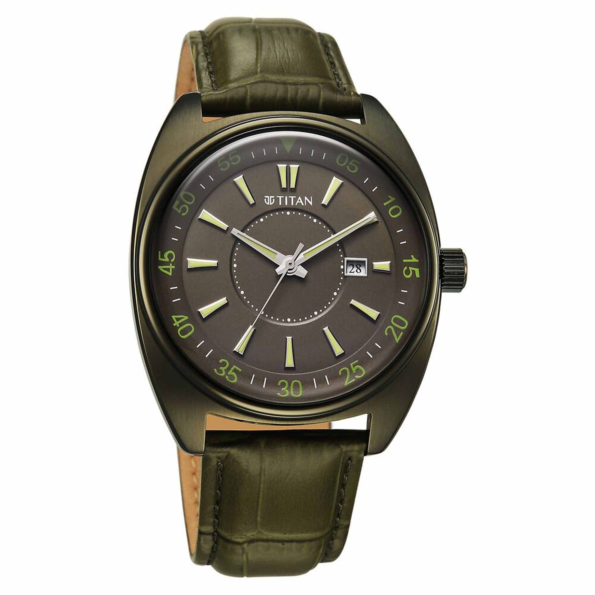 Olive-toned Titan tonneau analog watch for men showing a green dial, date, & textured leather strap.
