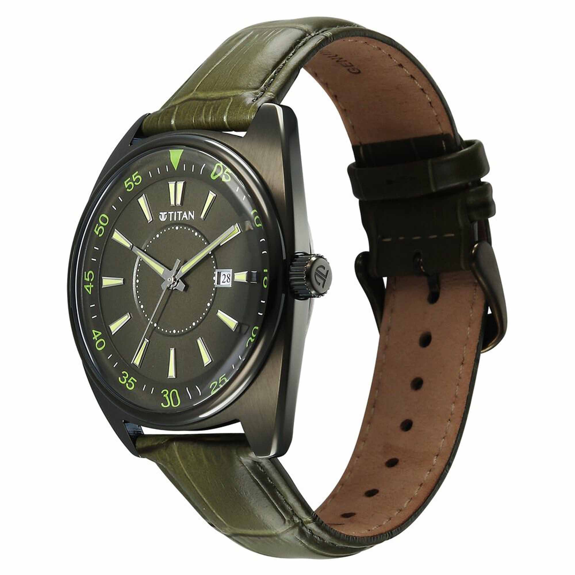 Olive green Titan men's analog watch with tonneau case, luminous markers, date, and leather strap.