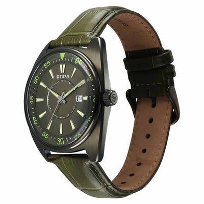 Olive green Titan men's analog watch with tonneau case, luminous markers, date, and leather strap.