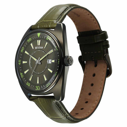 Titan Tonneau Analog with Date and Green Dial Green Leather Strap Watch for Men