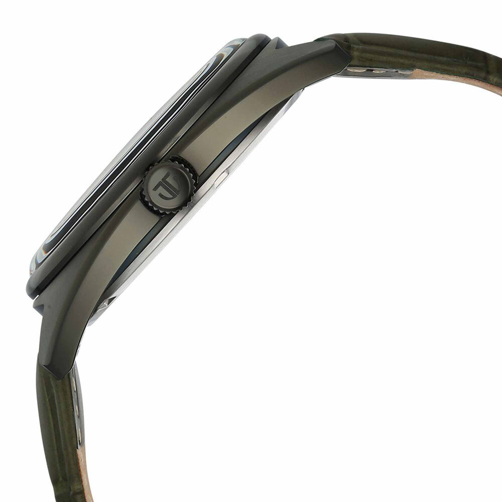 Side view of Titan tonneau analog watch for men showing crown detail & curved green leather strap.