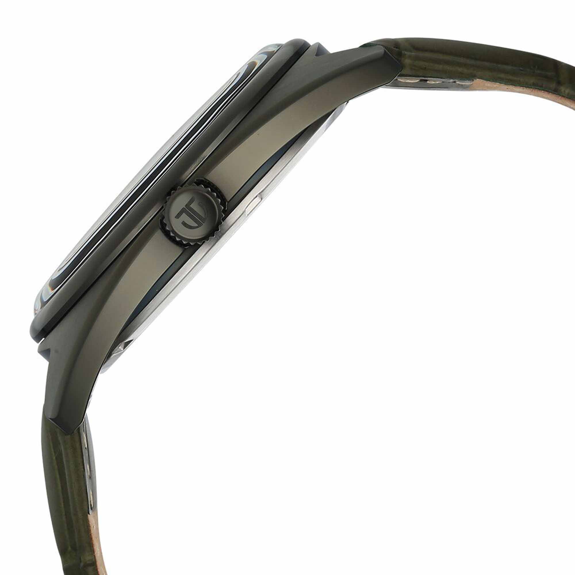 Side view of Titan tonneau analog watch for men showing crown detail & curved green leather strap.