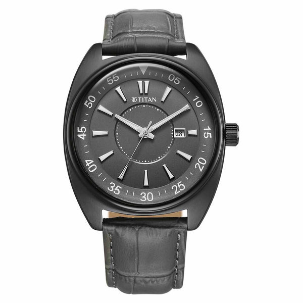 Titan Tonneau Analog with Date and Grey Dial Grey Leather Strap Watch for Men