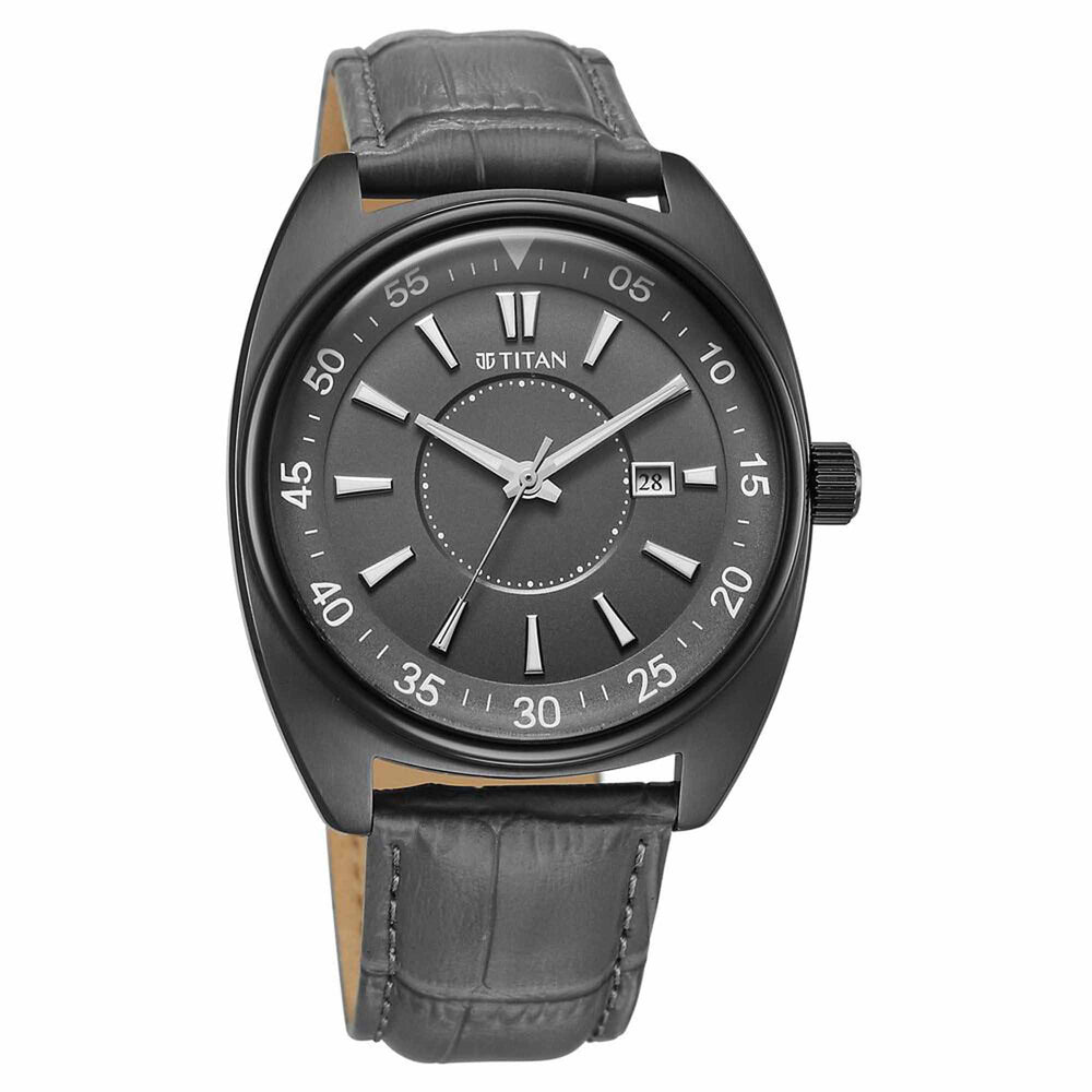 Titan Tonneau Analog with Date and Grey Dial Grey Leather Strap Watch for Men