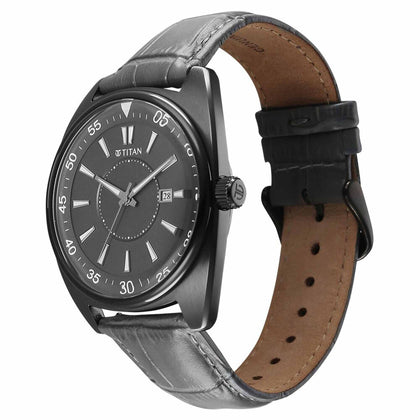 Titan Tonneau Analog with Date and Grey Dial Grey Leather Strap Watch for Men