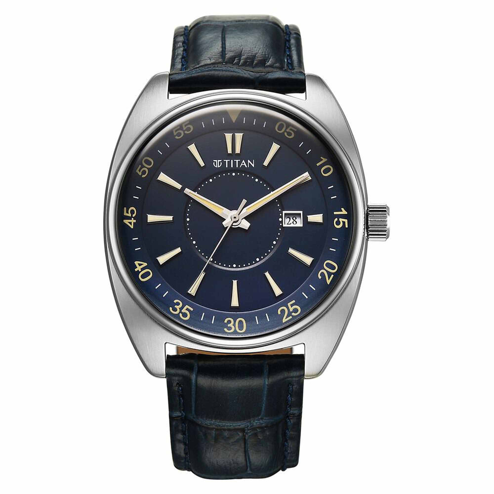 Titan Tonneau Analog with Date and Blue Dial Blue Leather Strap Watch for Men
