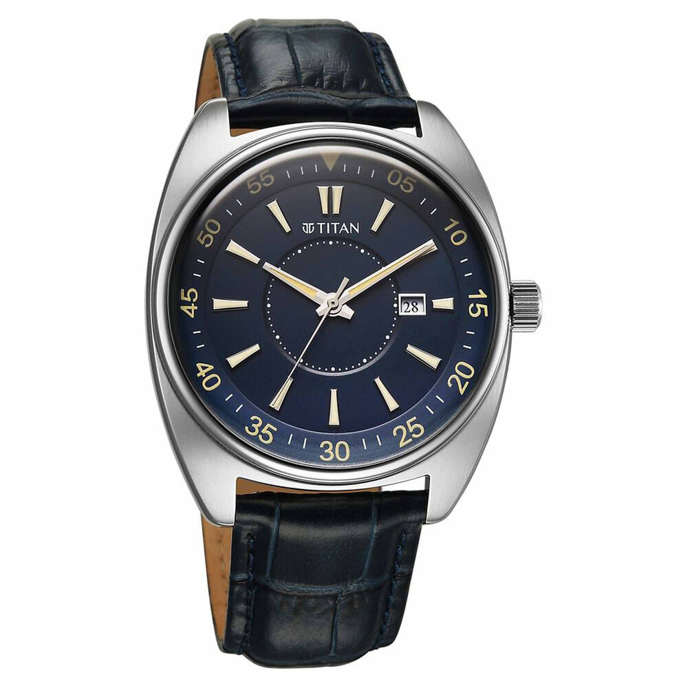 Titan Tonneau Analog with Date and Blue Dial Blue Leather Strap Watch for Men