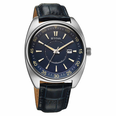 Titan Tonneau Analog with Date and Blue Dial Blue Leather Strap Watch for Men